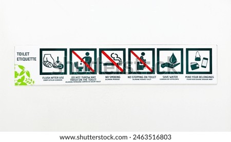 Toilet etiquette rules poster banner sign icons isolated on horizontal ratio door wall background.