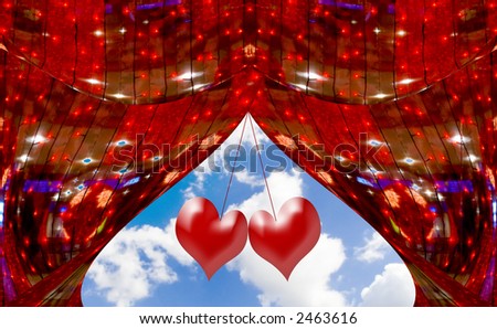 Red abstract curtains at a window with the sky and clouds decorated with hearts. A photo with elements computer diagrams