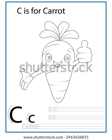 C is for Carrot  coloring  book page for  kids.   