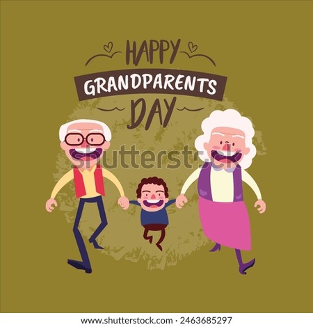 Happy Grandparents' day. Cute Cartoon Happy Grandparents Day with grandchildren, Grandfather and Grandmother in Flat Style for Poster or Greeting Card