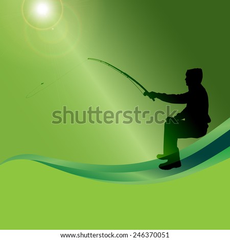 Vector silhouette of a man who fishes on a green background.