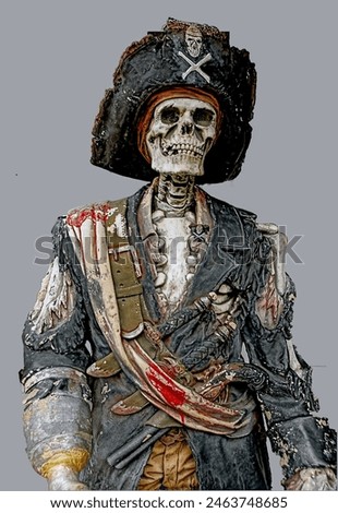 Skeleton bloody pirate guarding his treasure and grog