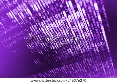 Visual modern display of data source code. Programming code abstract screen of software developer. Computer script. Violet purple pink color. 