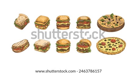 Hand-drawn colored sketches of street food, takeaway food, fast food, junk food. Burgers, sandwiches, pizza set. Great for menu.	