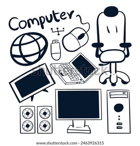 hand drawn computer drawings icon. Computer scribbles doodle vector. computer component drawing vector illustrations