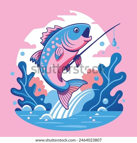 A fish jumping out of the water with a fishing rod
