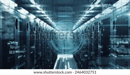 Image of fingerprint, data security text, icons and computer language over data server room. Digital composite, biometric, cloud computing, coding, data center, networking, technology concept.