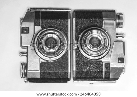 Old cameras, composition, view from above , composition mirror,