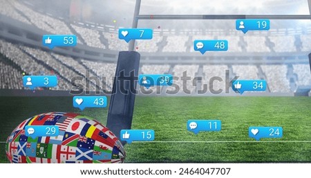 Image of social media icons and countries flag design on rugby ball against rugby sports stadium. Social media networking and sports tournament concept