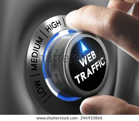 Web traffic button pointing high position with two fingers, blue and grey tones, Conceptual image for internet seo.
