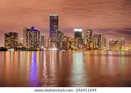 Miami bayfront skyline at night with actual reflections in water
