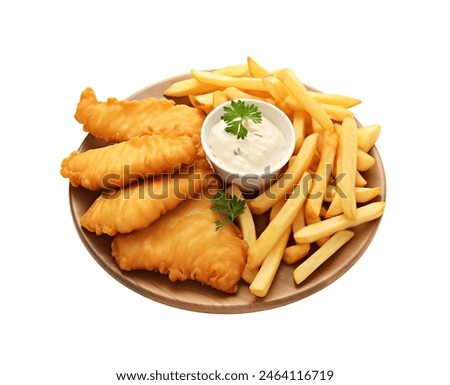 Fish and chips and French fries served with tartar sauce on a white plate, isolated