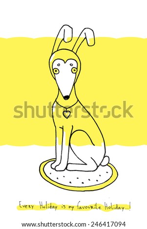 Illustration - Dog in rabbit hat on a yellow background
