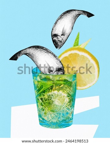 Poster. Contemporary art collage. Glass filled with Mojito decorated slice of lemon and fishes jumping to cocktail against blue background. Concept of summertime, holidays, vacation, party, fashion.