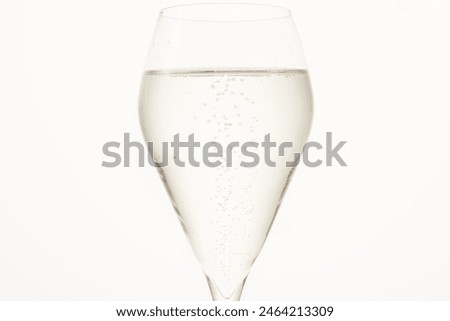 Sparkling wine in stemmed glass holiday template. Bottle of champagne on white isolated. Royalty-Free Stock Photo #2464213309
