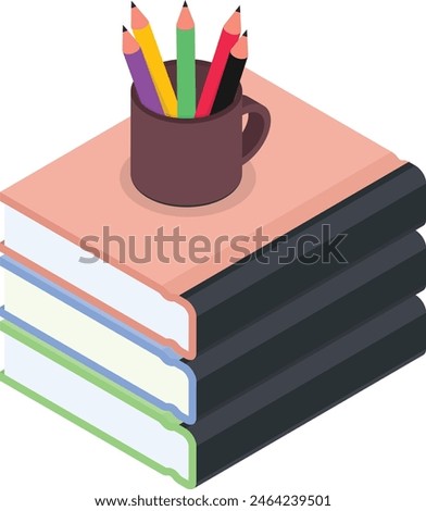 A colorful stack of books with a cup overflowing with pencils, ideal for educational presentations, back-to-school marketing materials, or library clip art.