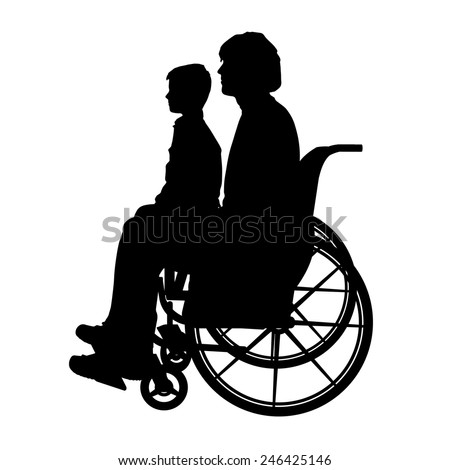 Vector silhouettes man who is in a wheelchair with a son.