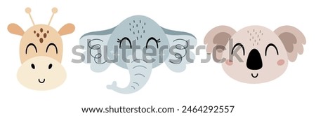 Jungle animal clipart. Animal faces clipart. Safari animal head clip art in cartoon flat style. Hand drawn vector illustration.