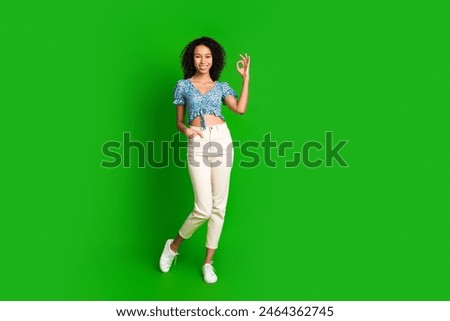 Full size photo of nice young woman show okey symbol wear top isolated on green color background
