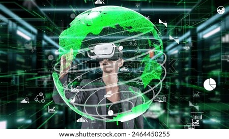 Woman selecting data dynamic market rotating green world distributing analysis by VR future global innovation interface digital infographic network technology virtual hologram animation. Contraption.