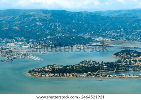 Aerial view of the Tiburon Peninsula houses, marinas, and boat docks