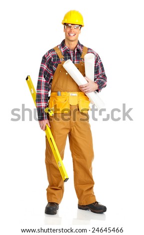 Young handsome builder in yellow uniform. Isolated over white background