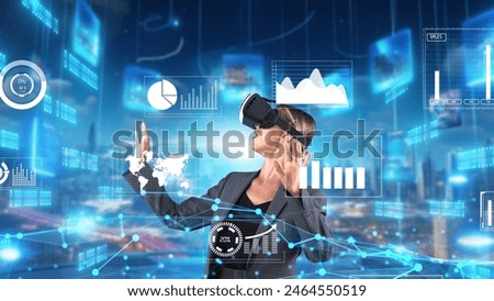 Woman reporter explaining dynamic market data calculated analysis pointing big data business by VR innovation interface digital infographic network technology visual hologram animation. Contraption.