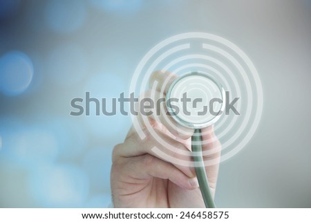 Doctor hand with stethoscope, medicine concept, screen background