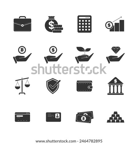 Finance flat icon set. Growth currency chart. Flat icon credit card, payment, currency, bitcoin, calculator. Silhouette icon illustration