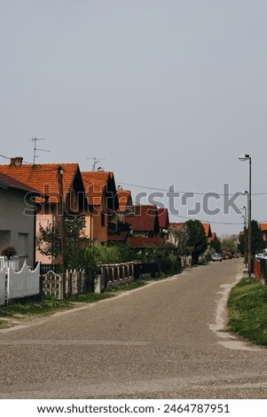 Houses with a tiled roofs in Balkans. Beautiful trees with white flowers blooms in yards. Bijeljina is a small town on the border with Serbia and Bosnia and Herzegovina. A cozy quiet village street.