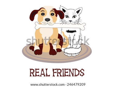 Illustration of puppy and kitten gnawing a bone together