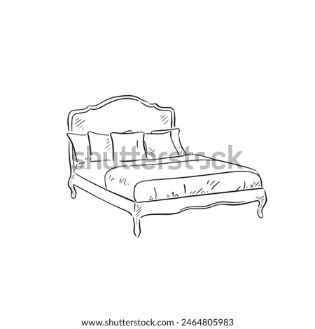 A line drawn illustration of a French style upholstered bed in black and white. Drawn by hand in a sketchy style and vectorised for a variety of uses.
