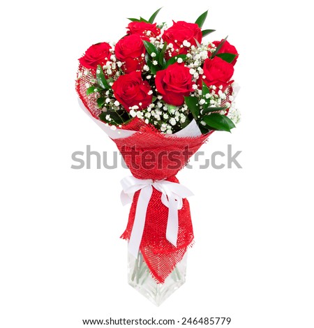 Bouquet of bright red roses in a glass vase isolated on white background. Great present for a valentine's day, wedding, birthday for a woman