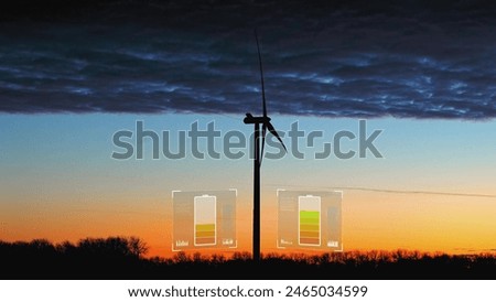 Wind turbine collecting electricity with a vivid sunset sky background. 3D render with battery charging animation