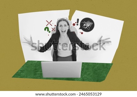 Composite photo collage of angry bossy businesswoman sit office table macbook device problem text box fail isolated on painted background