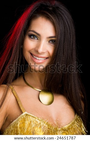 Photo of beautiful and happy girl with long hair over black background