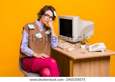 Photo portrait of attractive young woman workshop look moody empty space dressed retro office clothes isolated on yellow color background