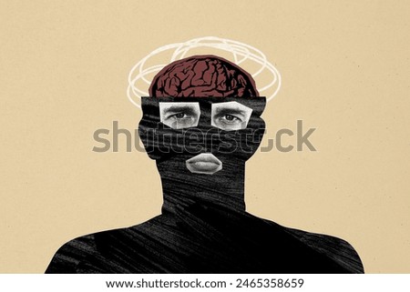 Composite photo collage of black silhouette man cut head peek brain organ brainstorm schizophrenia syndrome isolated on painted background
