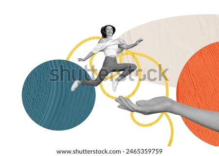 Composite trend artwork 3D sketch image photo collage of colorful elements ball doodle line huge hand appear catch woman jump fly free