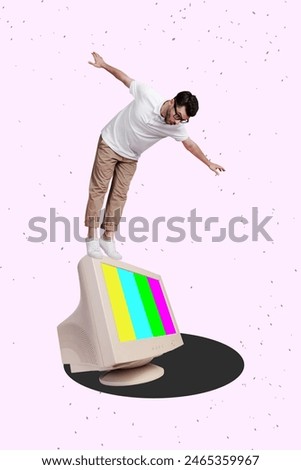 Vertical photo collage of asonished guy stand tip toe computer monitor screen broke device office work tool isolated on painted background