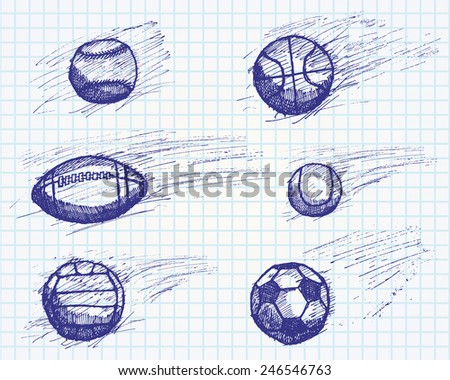 Ball sketch set with shadow and dynamic effect on paper notebook.