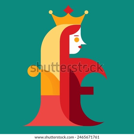 a queen in the shape of the lowercase letter "F", authority, avatar, crown, emperor, female, icon, illustration, kingdom, lady, medieval, monarchy, portrait, power, princess, queen, royal, rule.