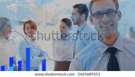 Image of financial data processing and world map over diverse business people. Global business, bosses day and data processing concept digitally generated image.