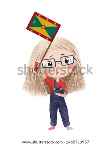 Funny cute girl with flag of Grenada. Bright clip art isolated