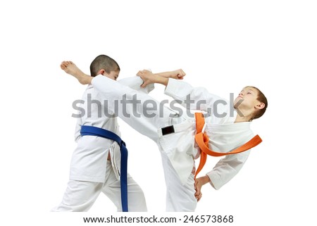 Boys are training punch arm and kick Ura-mavashi geri Royalty-Free Stock Photo #246573868