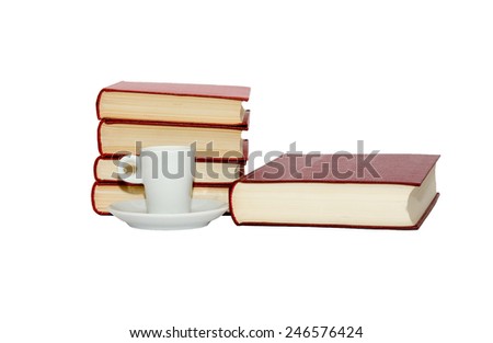 The books, coffee cup, saucer are isolated on white background