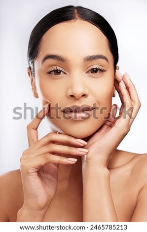 Skincare, model and portrait for wellness, aesthetic and routine facial treatment. Spa, beauty and skin glow for dermatology on white studio background with black woman, cosmetics and collagen shine