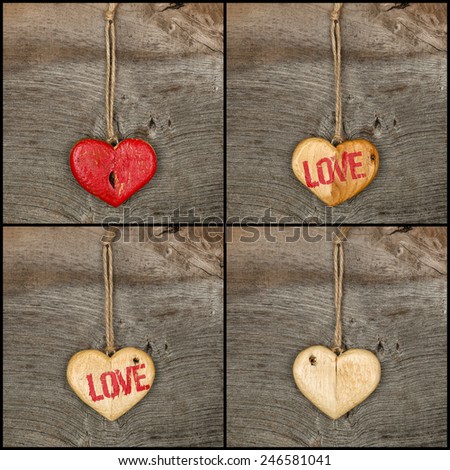 Set collage Valentines Love message wooden heart signs from recycled old palette on rough grey wooden background, copy space