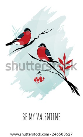 St. Valentine's Day Card. Outline Winter Birds on Branches Ink on Watercolor Style. 