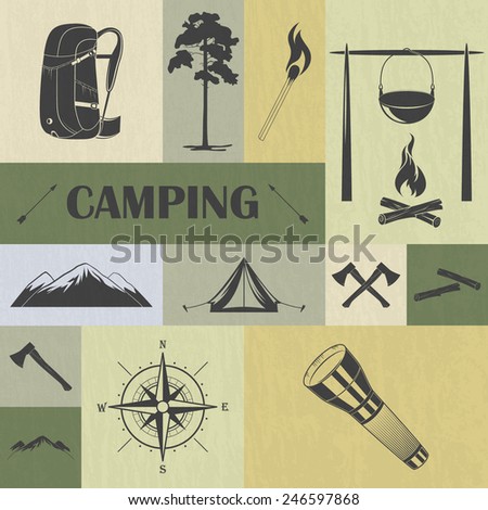Set of retro camping icons. Equipment symbols. Vector illustration. 